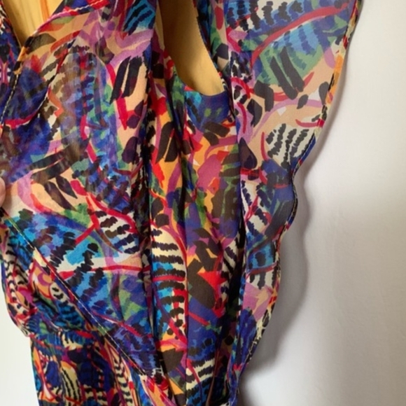 SALONI Silk Mini Dress XS - Gold Multicolor Floral Banana Leaf Wrap V-neck - Picture 10 of 16